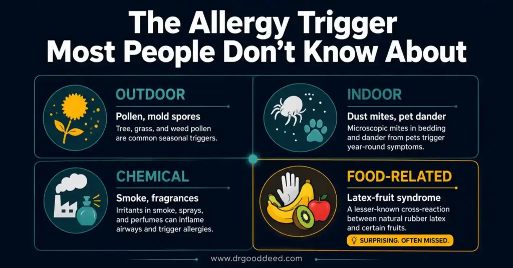 Infographic showing common allergy triggers including outdoor pollen and mold, indoor dust mites and pet dander, chemical irritants, and latex-fruit syndrome.