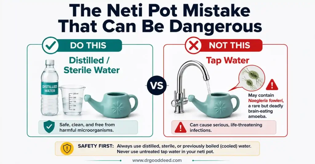 Neti pot safety comparison showing distilled or sterile water as recommended and untreated tap water as unsafe due to potential harmful microorganisms.