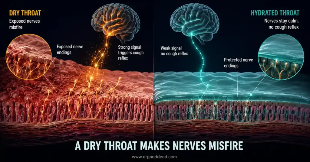 Dry throat causing cough reflex due to exposed nerve endings