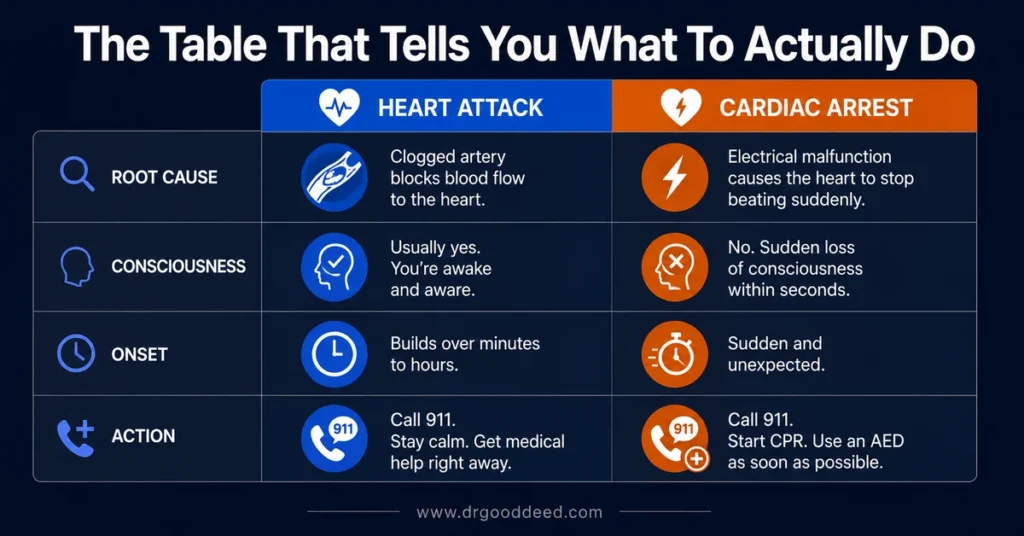 Heart attack vs cardiac arrest comparison table
