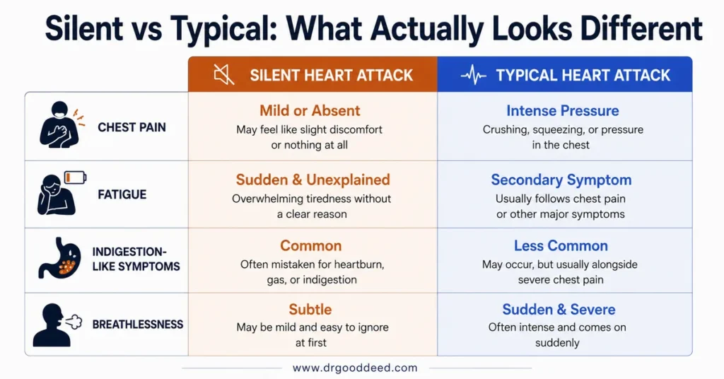 Silent vs nomral heart attack symptom comparison