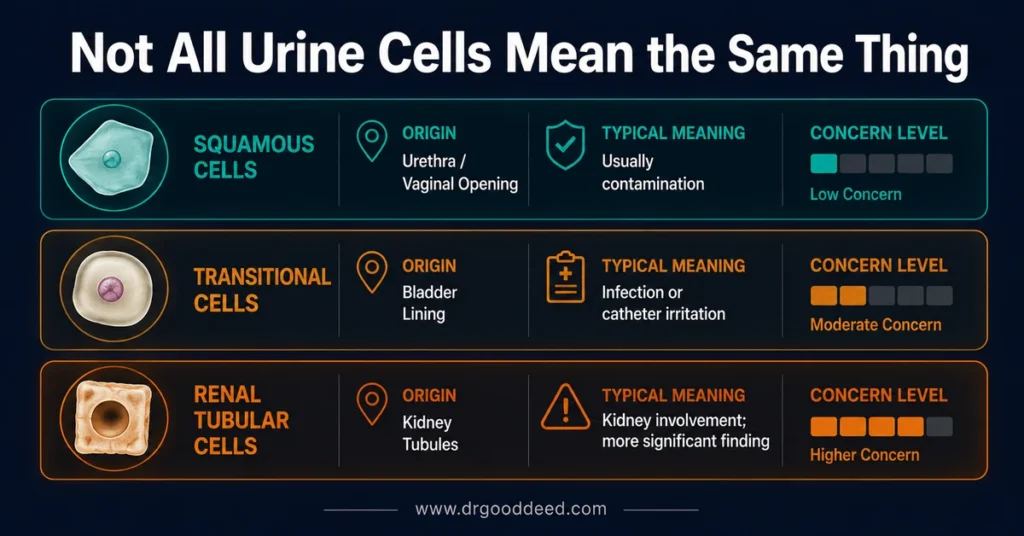 Squamous vs transitional vs renal tubular cells in urine