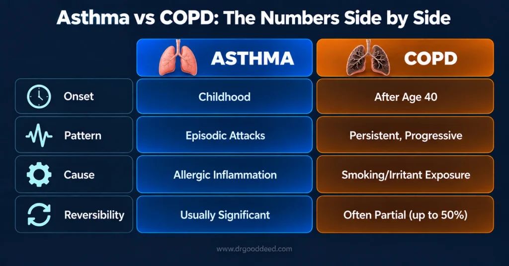 Asthma vs COPD onset pattern comparison table