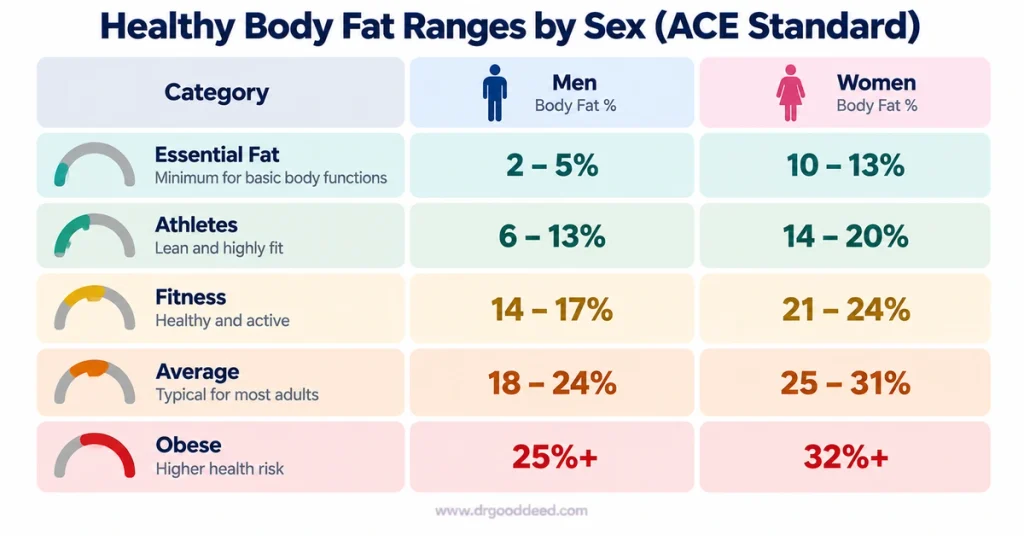 Body fat percentage healthy ranges for men and women ACE standard chart