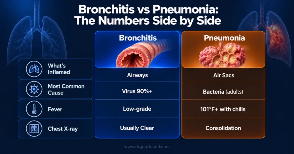 Bronchitis vs pneumonia symptoms cause comparison table