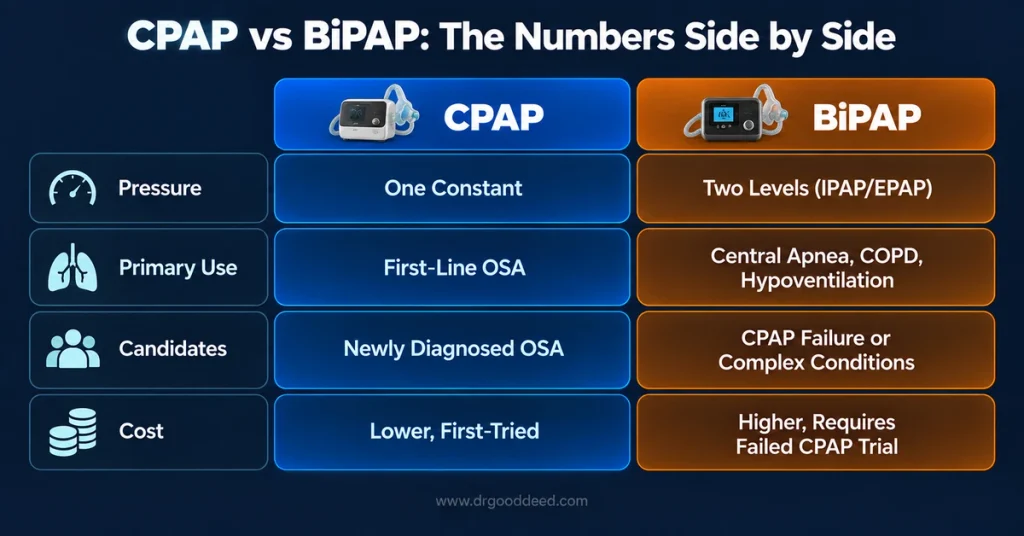 CPAP vs BiPAP pressure cost comparison table