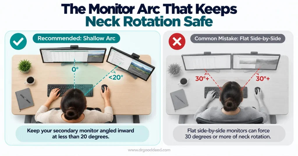 Dual monitor arc placement for neck rotation fix