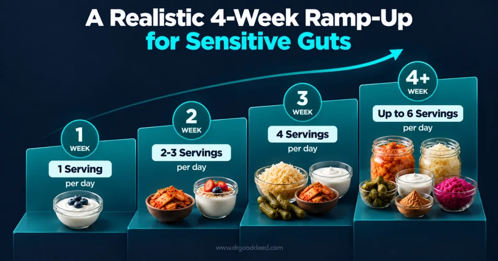 Fermented foods ramp up schedule for sensitive gut