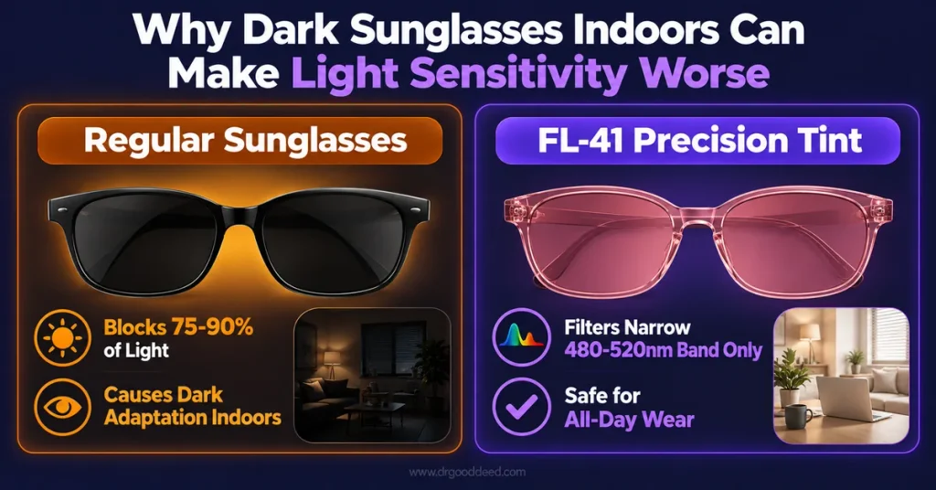 FL-41 vs regular sunglasses for indoor photophobia and dark adaptation