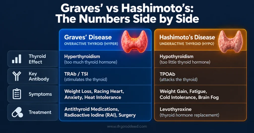 Graves vs Hashimotos symptoms antibodies treatment table
