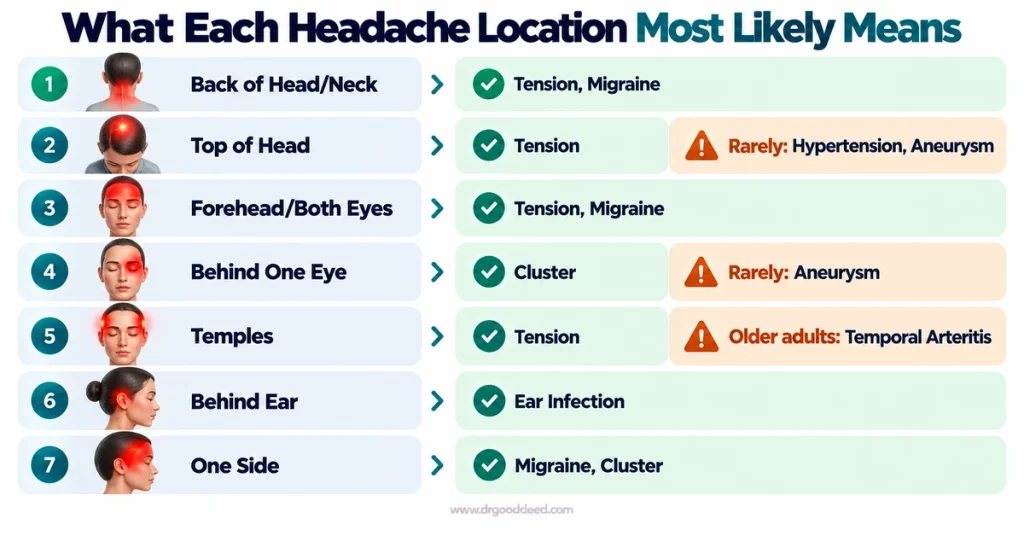 Headache location chart for tension migraine and cluster causes
