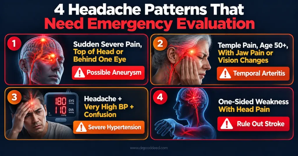 Headache red flag locations for aneurysm and temporal arteritis