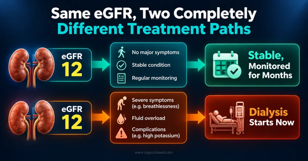 Kidney dialysis timing based on symptoms vs eGFR number