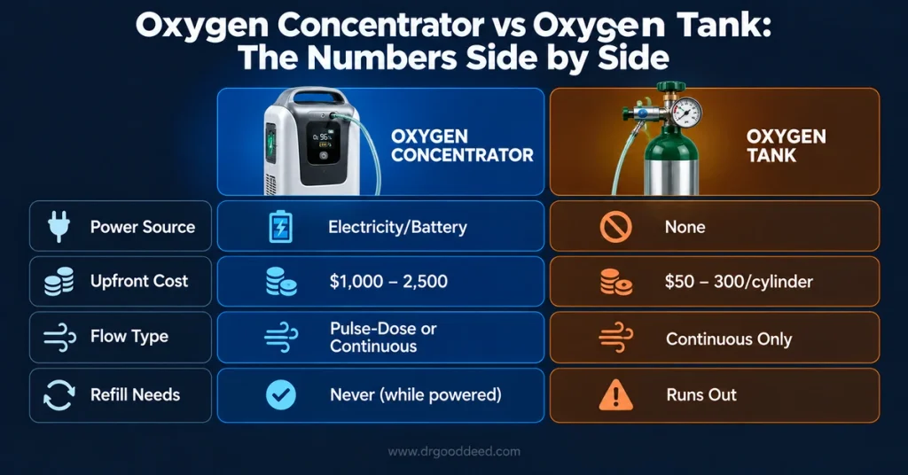 Oxygen concentrator tank cost power comparison table