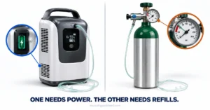 Oxygen concentrator vs oxygen tank power vs refill tradeoff