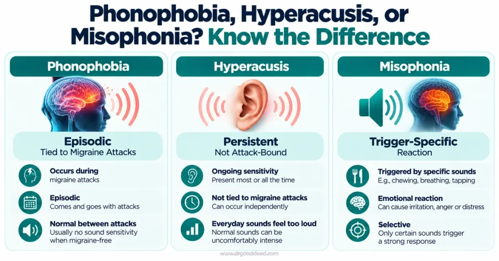 Phonophobia vs hyperacusis vs misophonia comparison