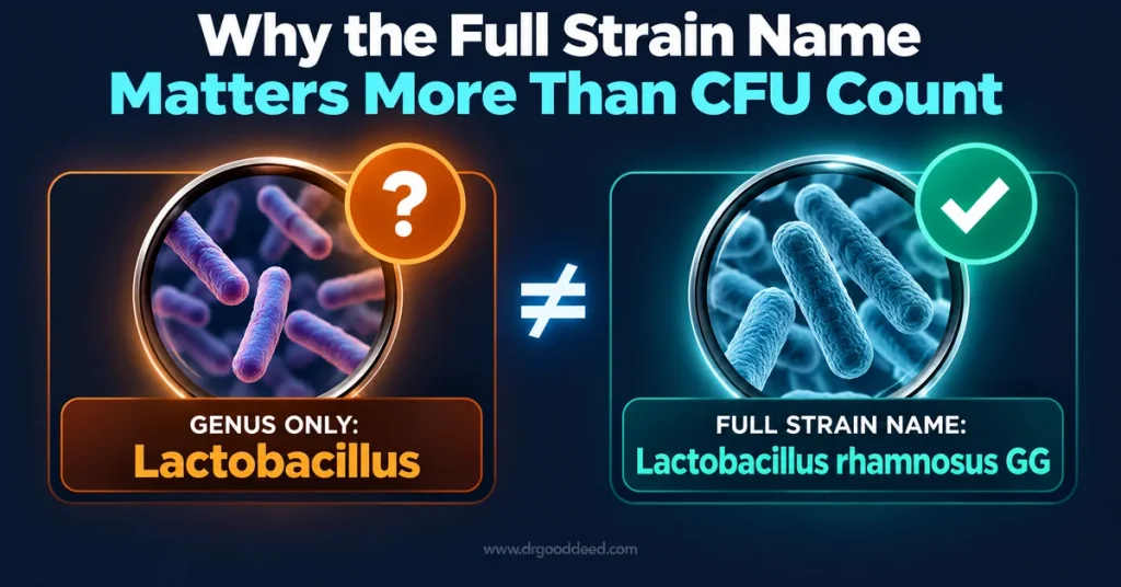 Probiotic strain name vs genus and CFU importance