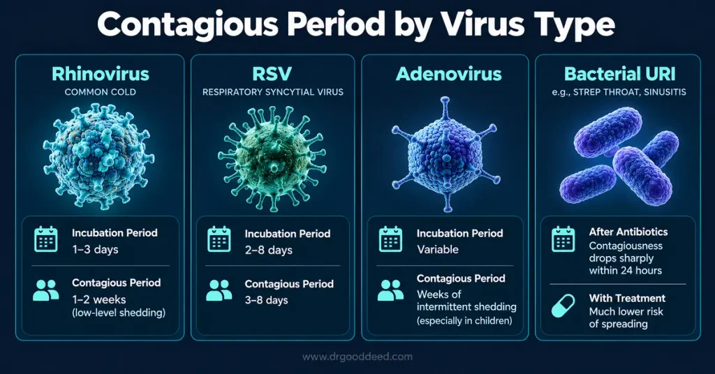 URI contagious period by virus rhinovirus RSV adenovirus