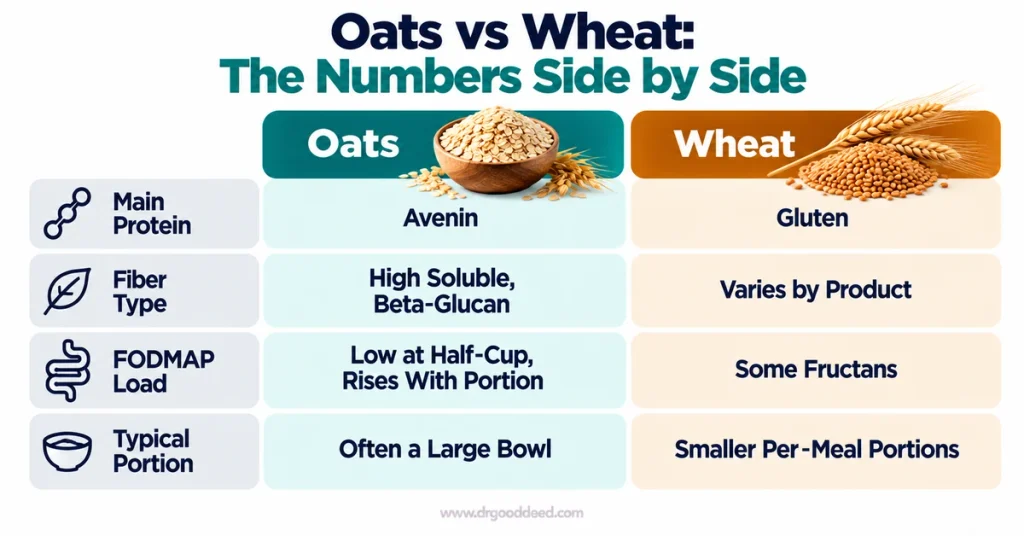 Oats vs wheat protein fiber FODMAP comparison table